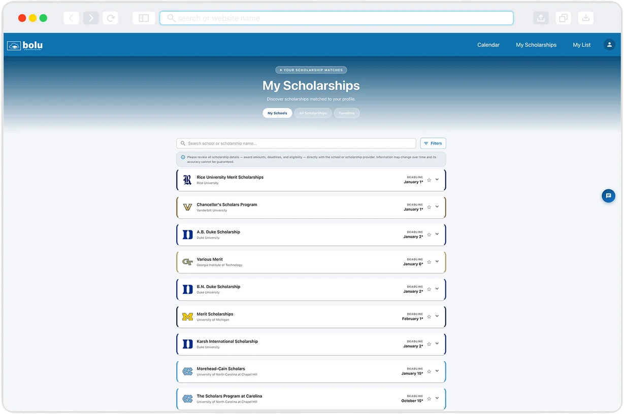 The BoLu My Scholarships page on a laptop